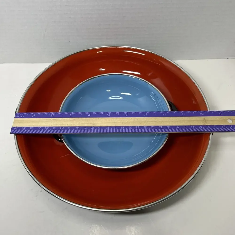 Vtg MCM Emo Celji Style Nesting Enamel Metal 2 Saute Pans Yugoslavia Blue Red